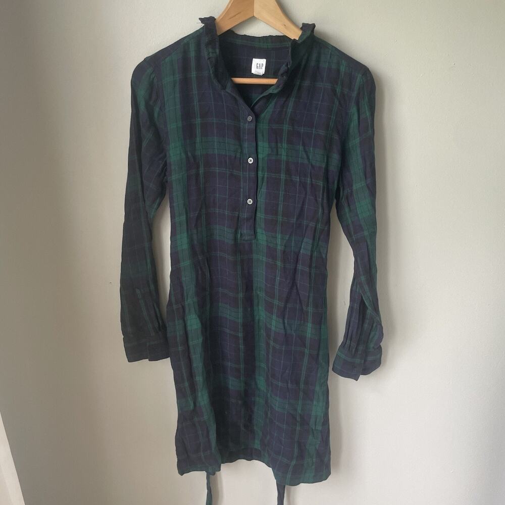 GAP Green & Navy Blue‎ Tartan Plaid LS Button Flannel Shirtdress Dress, SMALL